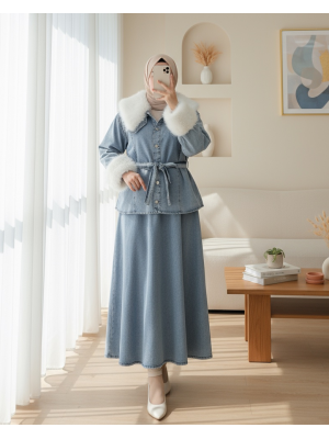 Yakası Ve Kolları Kürklü Beli Kuşaklı Bebe Yaka Kot Takım -Buz Mavi