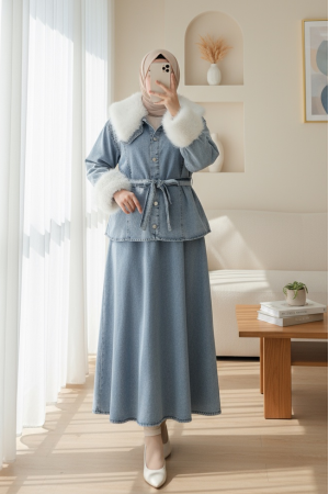 Yakası Ve Kolları Kürklü Beli Kuşaklı Bebe Yaka Kot Takım -Buz Mavi