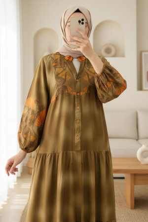 Dik Yaka Yarım Düğmeli Kolu Lastikli Desenli Elbise -Toprak