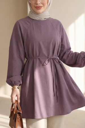 Yuvarlak Yaka Beli Bağcıklı Balon Kol Tunik  -Vişne