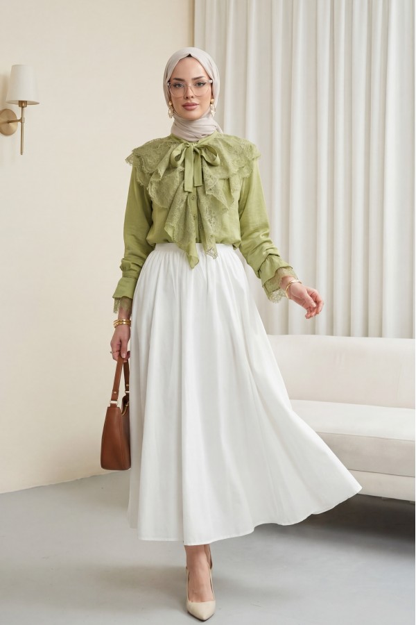 Long Back Cupra Shirt with Lace Detail and Lace Neckline -Oil Green