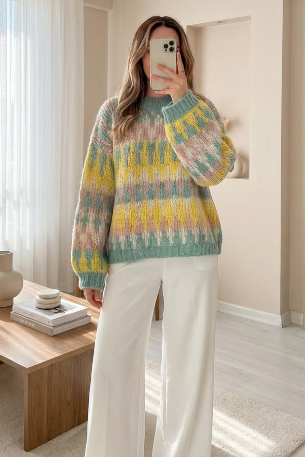 Three-Color Patterned Thick Knit Sweater -Mint Color