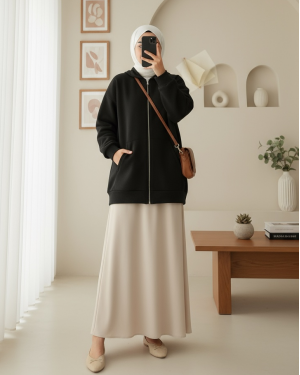 سترة مرتفعة بغطاء رأس وسحاب وجيب -أسود