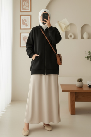 Kapşonlu Cepli Fermuarlı Şardonlu Sweat-Siyah