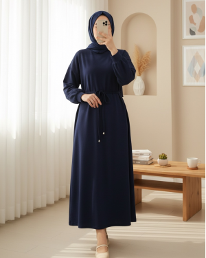 Round Neck Belted Long Cotton Dress -Navy blue