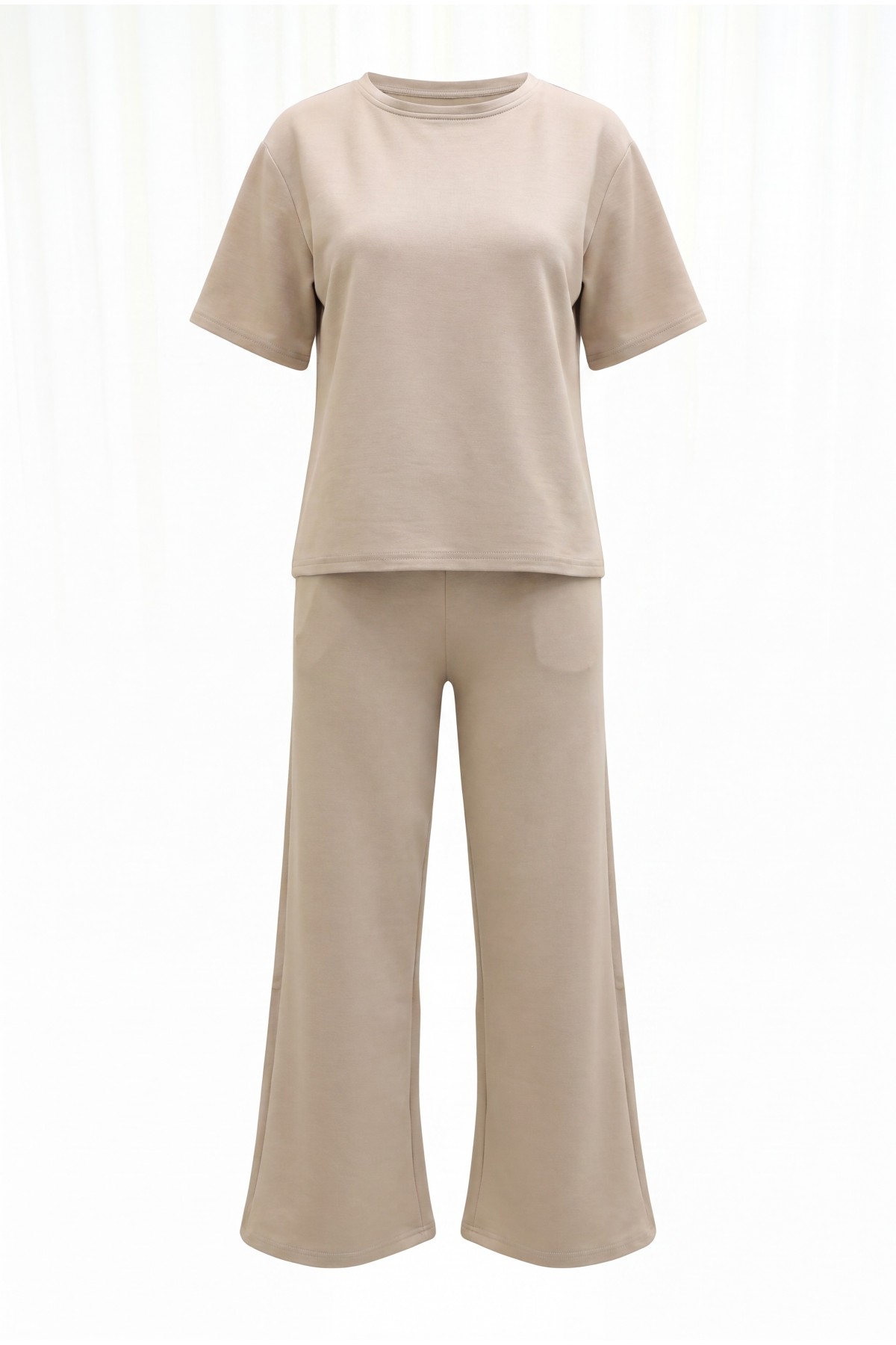 Crew Neck Short Sleeve Trousers with Pockets and Drawstring Waist Oysho Set -Light Mink detay görseli