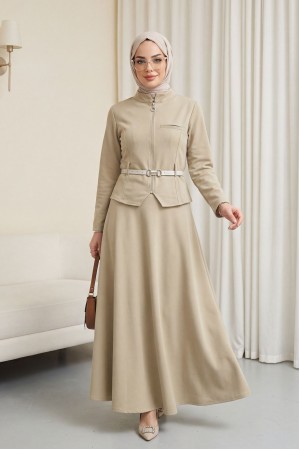 Önü Fermuarlı Cep Detaylı Beli Kemerli Etekli Diagonal Takım -Taş