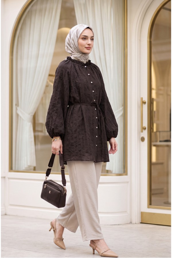Ruffled Collar, Balloon Sleeve, Button-Down Waffle Shirt -Dark Coffee