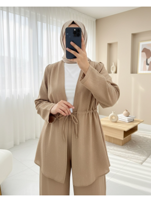 Taşlı Bol Paça Pantolonlu Tünel Bağcıklı Kimono Takım -Vizon