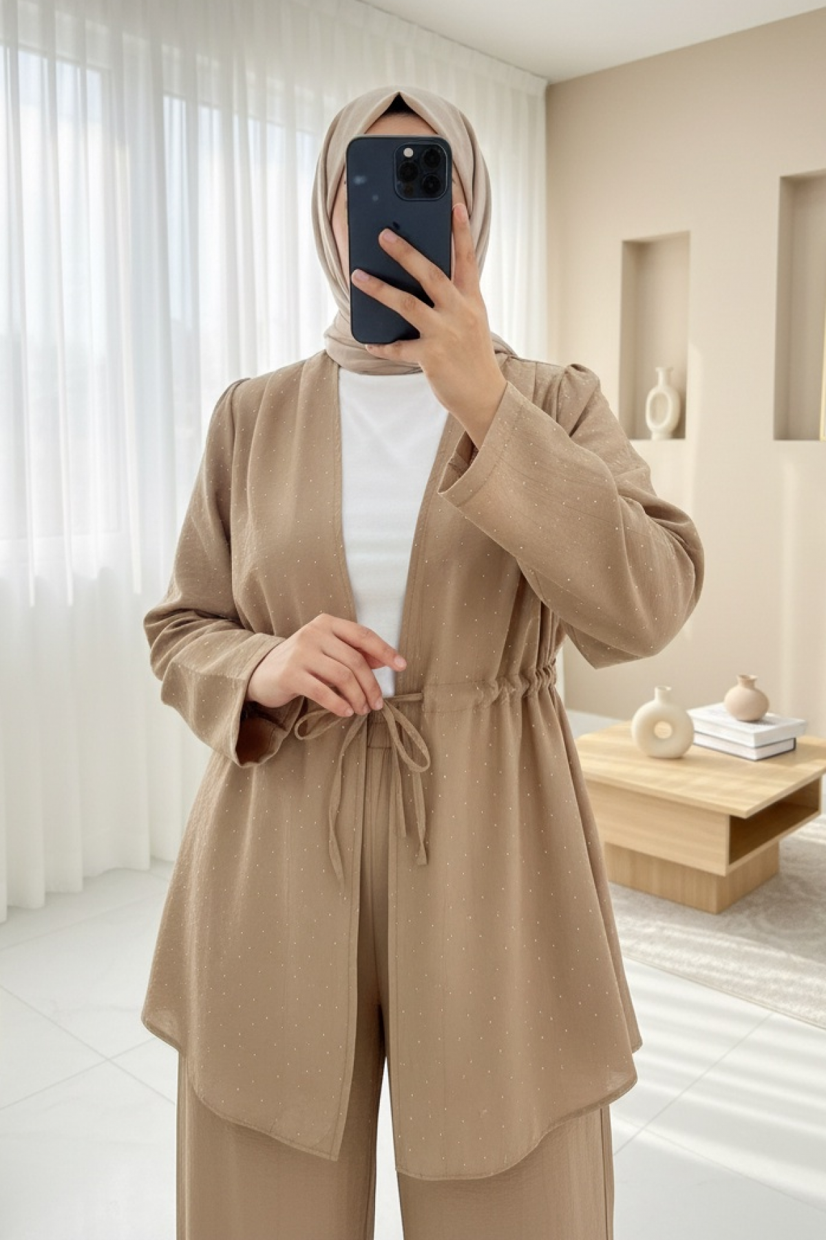 Tunnel Laced Kimono Set with Stoned Wide Leg Trousers -Mink color