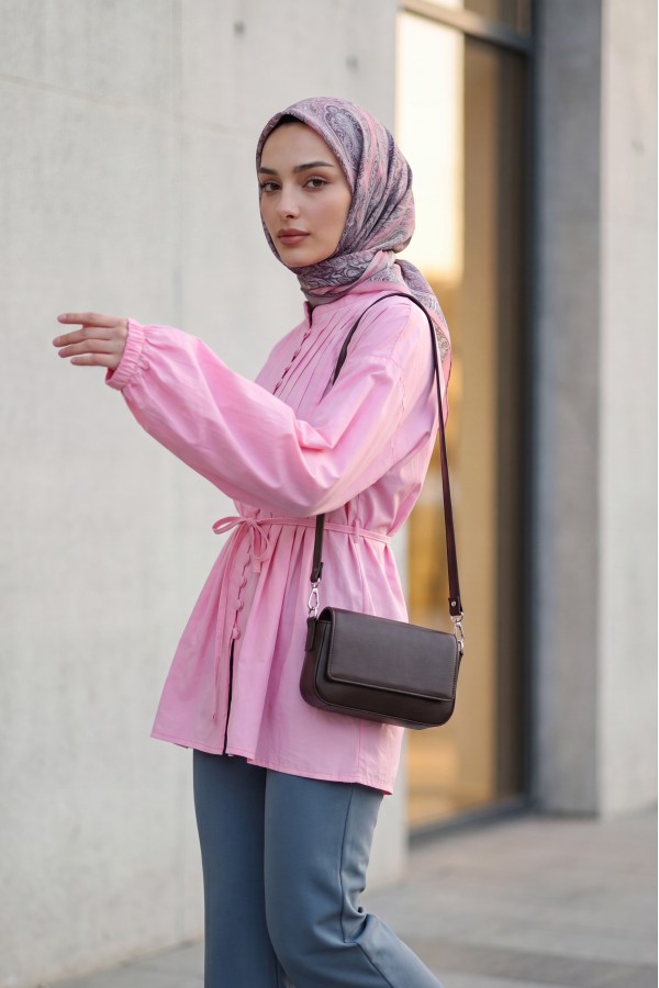 Poplin Shirt with Belted, Elasticated Cuffs, Button Front, and Fold Detail  -Pink