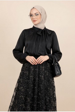 Eteği Pullu Astarlı Yakası Bağlamalı Kolu Lastikli Janjan Takım -Siyah