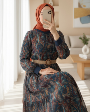 Etnik Desen Eteği Parçalı Astarlı Şifon Elbise -Zümrüt