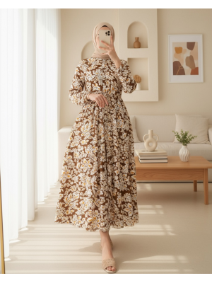 2144 Hakim Yaka Tesettür Elbise - Kahverengi