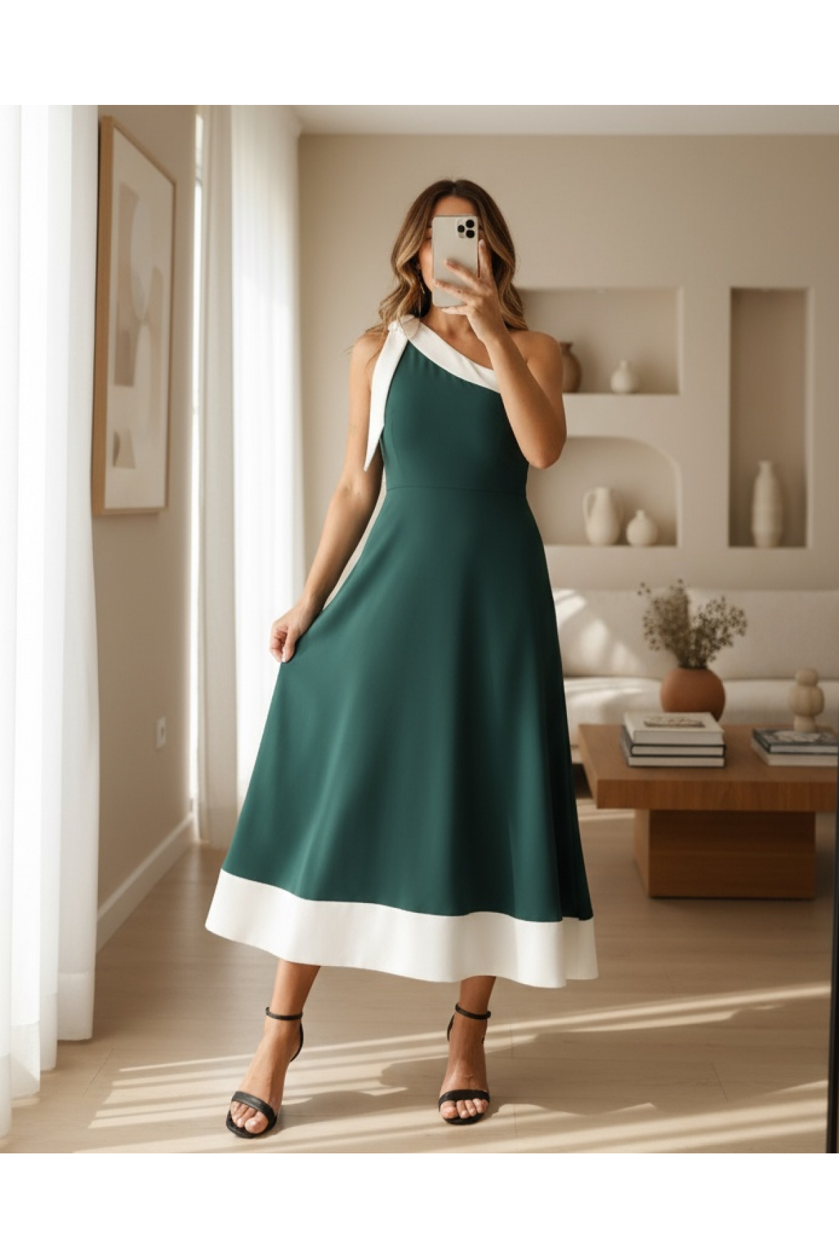 Women's One-Shoulder Off-Shoulder Two-Color Imported Crepe Dress with Ribbon Detail on the Shoulders
