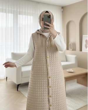 Quilted  Long Vest with Button-Down Hood and Pockets -Stone