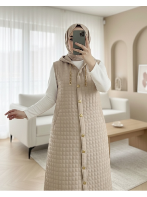 Quilted  Long Vest with Button-Down Hood and Pockets -Stone