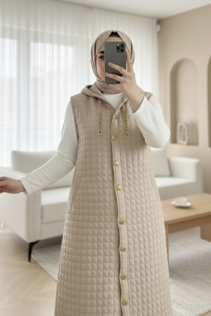 Boydan Düğmeli Kapşonlu Cepli Kapitone Uzun Yelek  -Taş