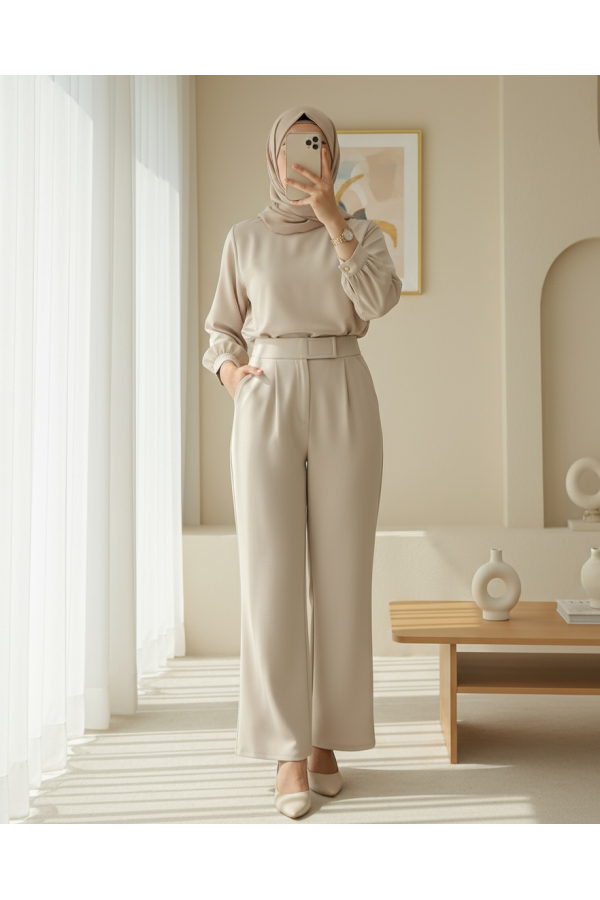 Tube Leg Fabric Trousers with Velcro Waist Detail  - Beige