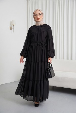 Kolu Lastikli Beli Bağlamalı Katlı Fırfır Detaylı Elbise   -K. Kahve