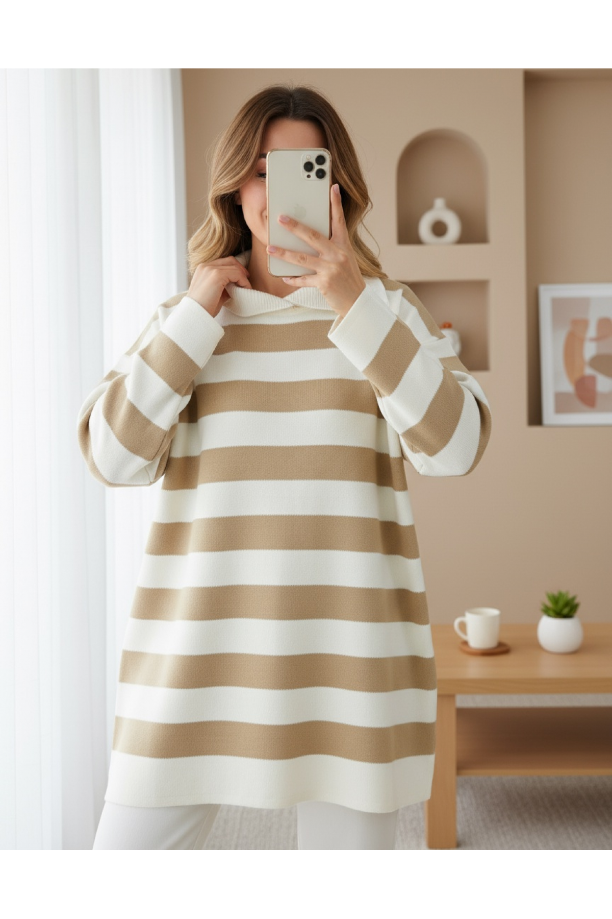 Crew Neck Side Striped Knitwear Tunic -Mink color