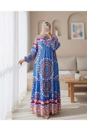 Parçalı Deseli Bağcıklı Kolu Lastikli Elbise  -Mavi