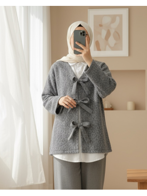 Önü Bağlamalı Kırçıllı Kaşe Ceket  -Gri