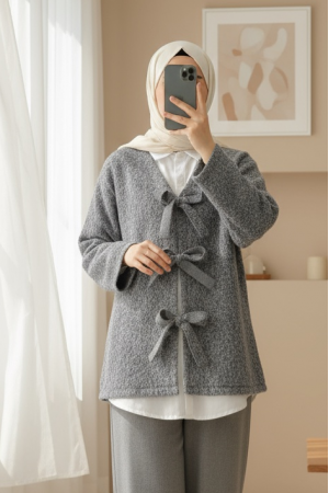 Önü Bağlamalı Kırçıllı Kaşe Ceket  -Gri