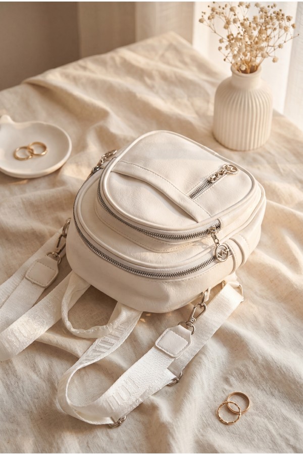 Oval Design Woven Strap Multi-Compartment Women's Backpack -White