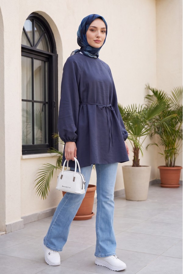 Round Neck Tied Waist Balloon Sleeve Tunic  -parliament