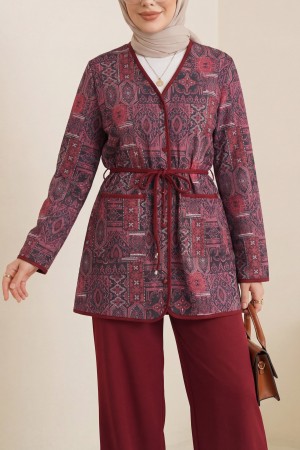 Beli Bağlamalı Çift Cepli Desenli Scuba Takım -Bordo