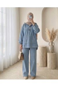 Kanguru Cepli Kapşonlu Önü Çıtçıtlı Kot Takım -Mavi