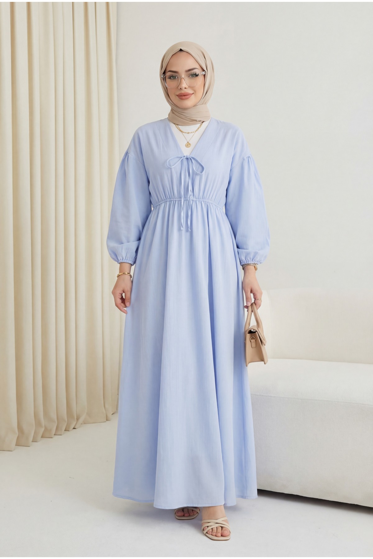Muslin Dress with Elasticated Waist and Sleeves, Tied Collar -Baby Blue