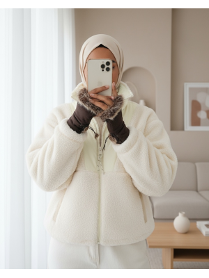 İçi Astarlı Cepli Önü Fermuarlı Peluş Mont -Ekru