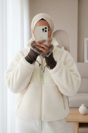 Plush Coat with Lining, Pockets and Zippered Front -Ecru