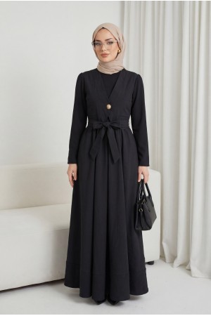 Beli Bağlamalı Lastikli Yelek Detaylı Cupra Elbise -Siyah