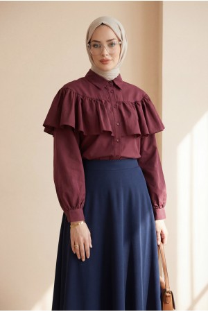 Önü Ve Omuzu Fırfır Detaylı Poplin Gömlek Bluz -Bordo