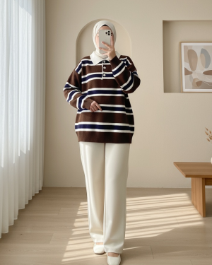 Polo Collar Buttoned Colorful Striped Knit Sweater -Brown