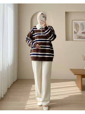 Polo Yaka Düğmeli Renkli Çizgili Triko Kazak -Kahve