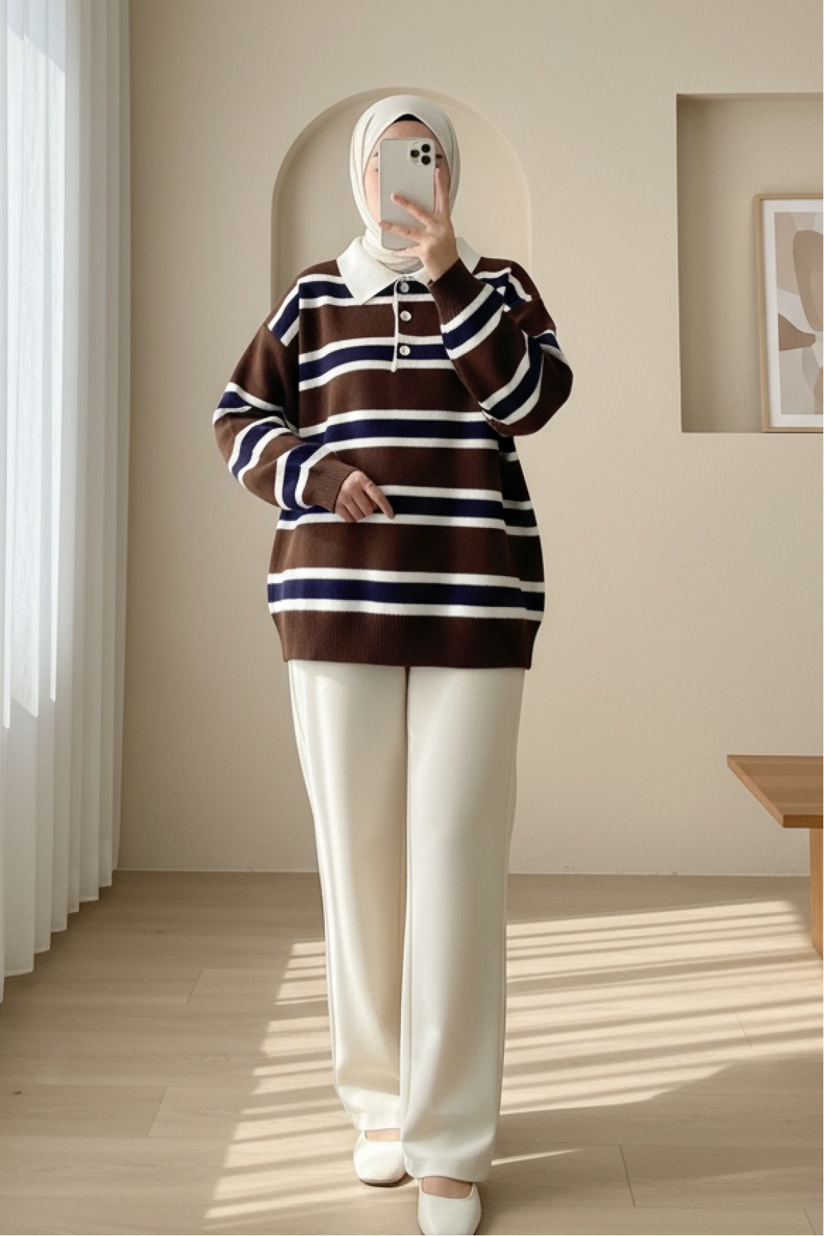Polo Collar Buttoned Colorful Striped Knit Sweater -Brown