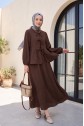Önü Bağlamalı Kolu Lastikli Etekli Krinkıl Kimono Takım -Kahverengi