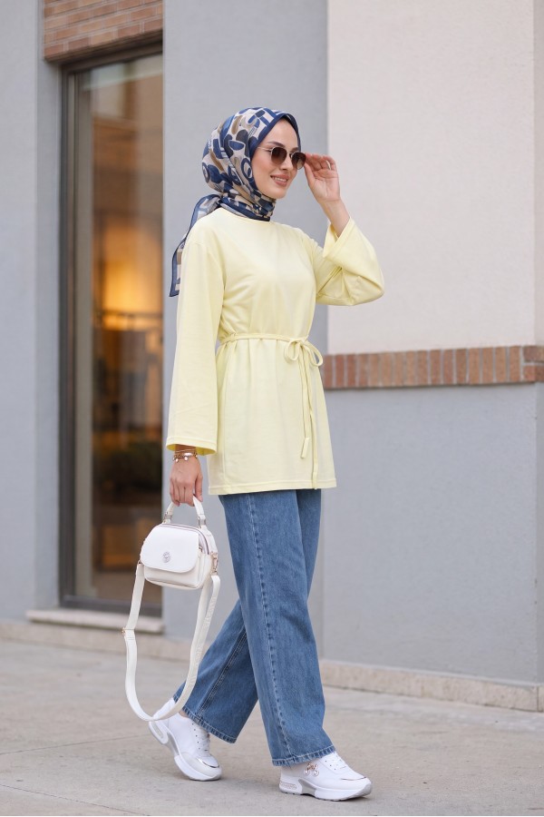 Round Neck Tied Waist Combed Cotton Tunic  -Light yellow