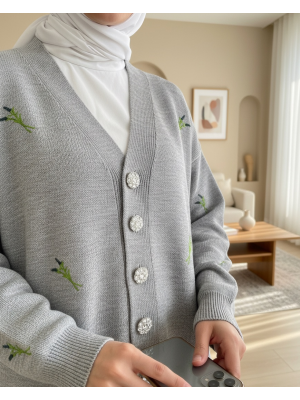 Taşlı Düğmeli Dal Desenli Triko Hırka -Gri