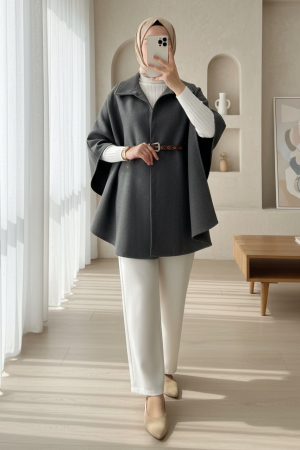 Shoulder Buttoned Waist Belted Cashmere Poncho  -Smoked 