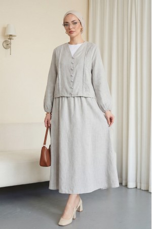 V Yaka Önü Düğmeli Plise Detaylı Keten Takım -Açık Gri