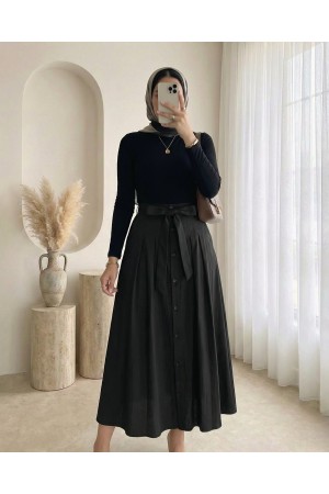 تنورة مظلية بأزرار أمامية ورباط -أسود