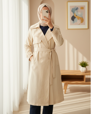 5938 Kruvaze Yaka Trençkot - Krem