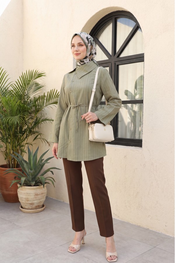 Side Collar, Button -Khaki