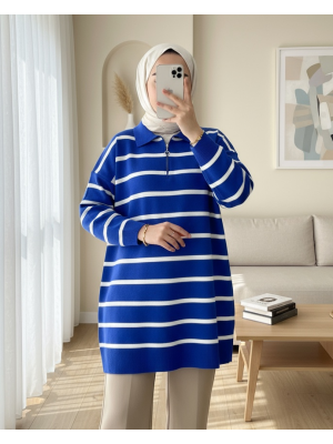 Polo Yaka Fermuarlı Triko Tunik -Saks