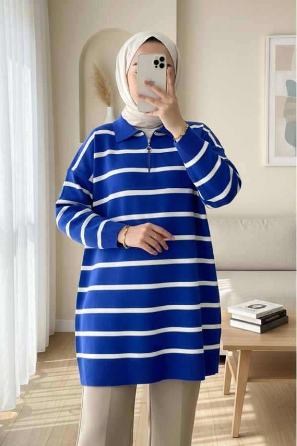 Polo Yaka Fermuarlı Triko Tunik -Saks